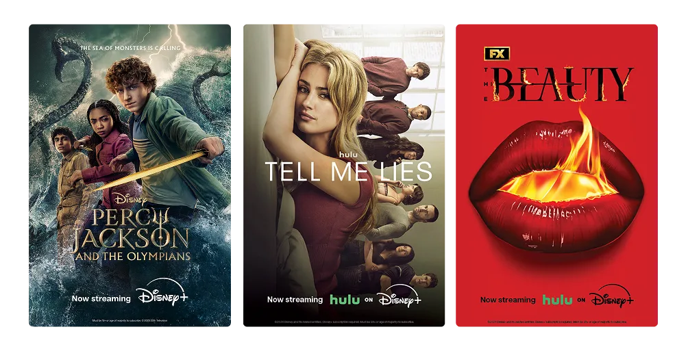 Three posters: Percy Jackson and The Olympians, Tell Me Lies, and The Beauty.