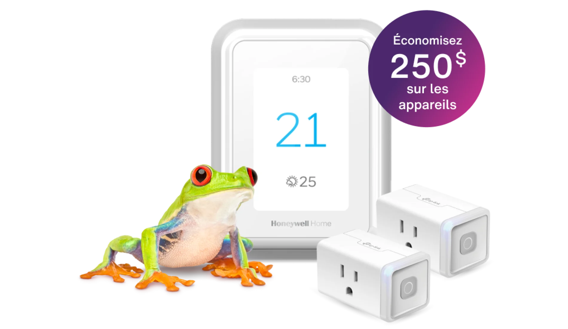 Une grenouille se tient à côté d’un thermostat intelligent et de deux prises de courant intelligentes qui portent l’inscription « Économisez 250 $ sur des dispositifs. »