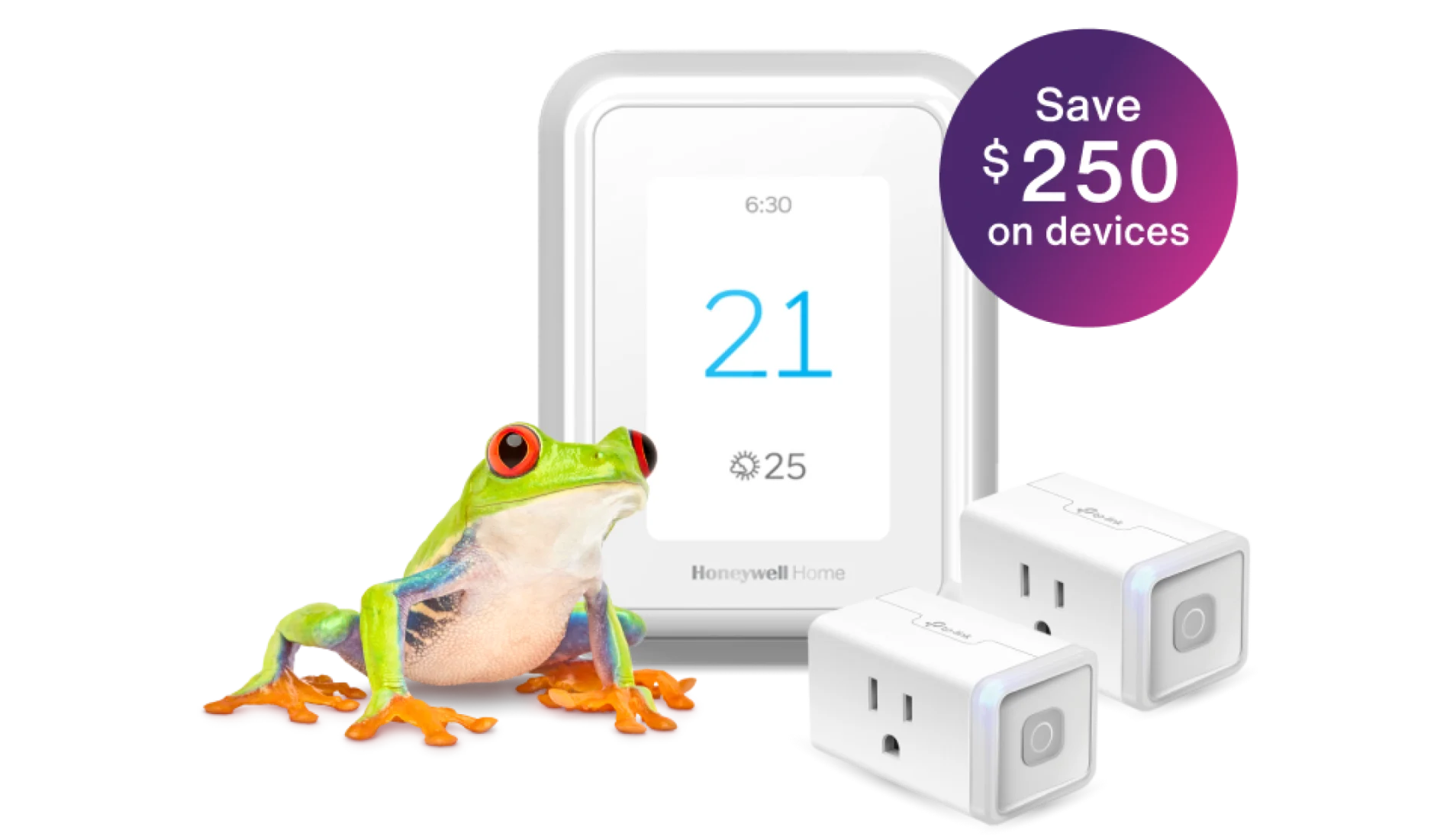 A frog is standing next to a smart thermostat and two smart plugs, displaying a roundel that says, "Save $250 on devices."