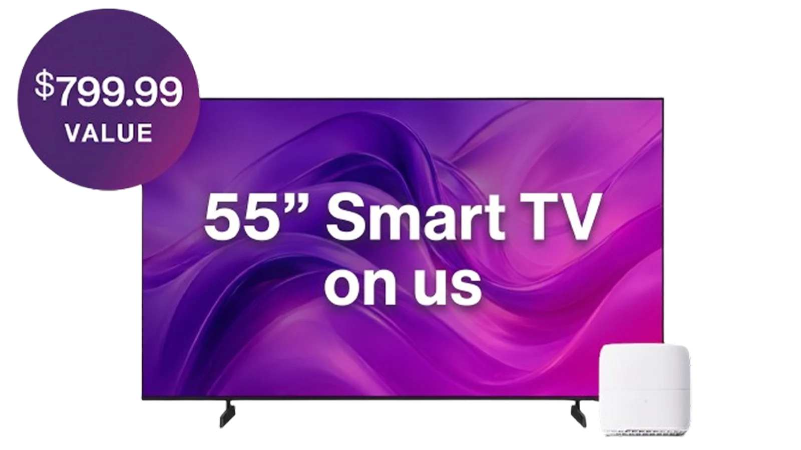 A Samsung 55-inch Smart TV and TELUS Cube modem. A roundel reads: $799.99 value.