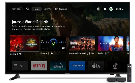 TV with TELUS TV+ interface. It displays recent blockbuster films and several streaming channel logos.