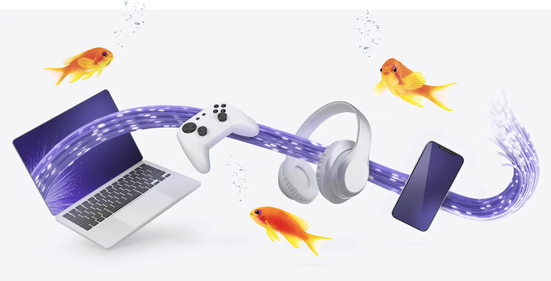 An image showing a collage of devices connected via a fibre cable. A school of orange fishes can also be seen on the background.