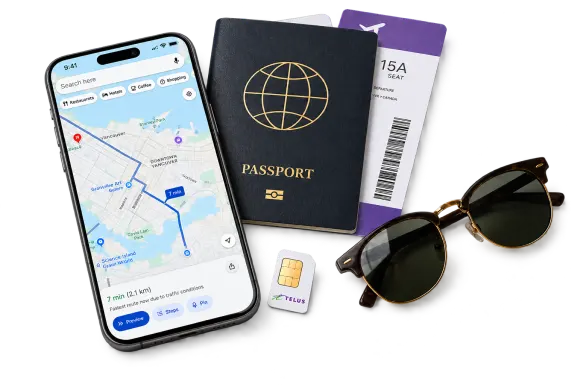 A smartphone displaying a map navigation route, placed next to a passport, a boarding pass, a TELUS SIM card, and sunglasses.