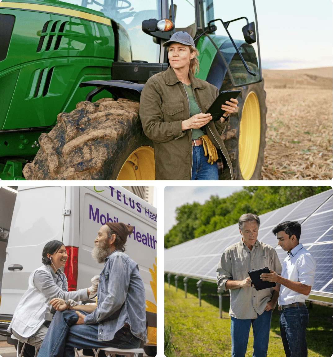 A collage of images: a woman beside a farm tractor, a TELUS Mobile Health clinic worker with a client, and two men viewing a tablet beside a greenhouse