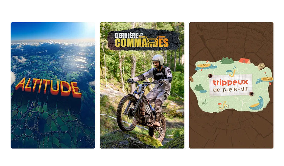 Trois affiches : Altitude, Derrière les commandes et Trippeux de plein-air.