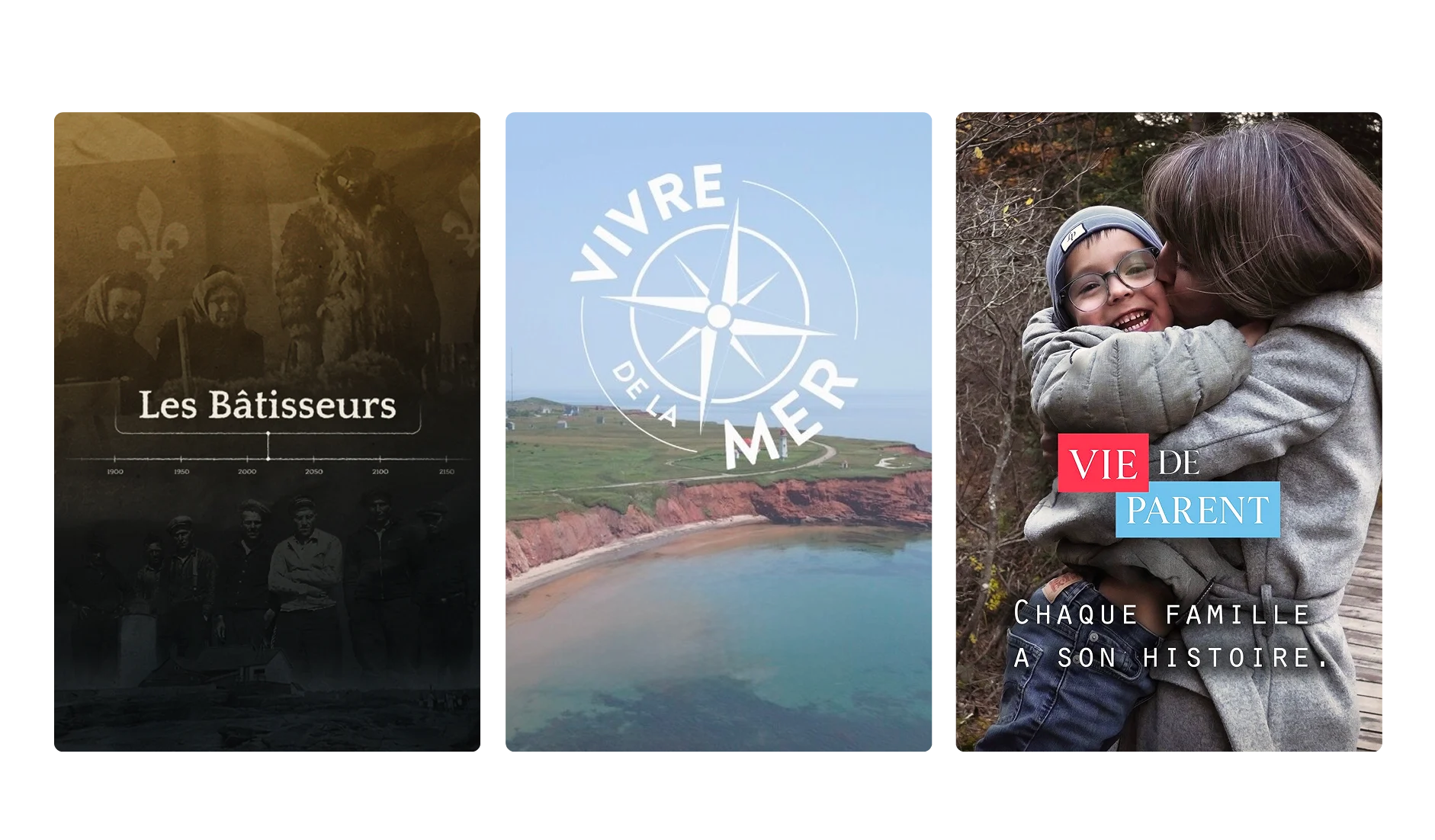 Trois affiches : Les bâtisseurs, Vivre de la mer et Vie de parent.