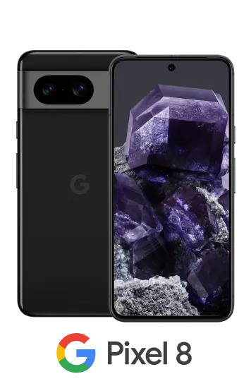 Back and front view of Google Pixel 8 in obsidian with the logo underneath it.