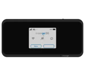 Un point d’accès mobile Inseego 5G MiFi M2000 de couleur noire avec un écran numérique.