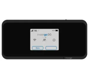 A black Inseego 5G MiFi M2000 Mobile Hotspot with a digital screen.