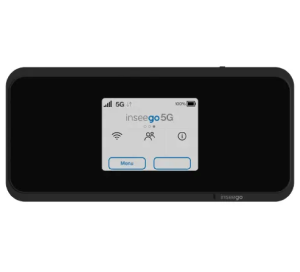 A black Inseego 5G MiFi M2000 Mobile Hotspot with a digital screen.