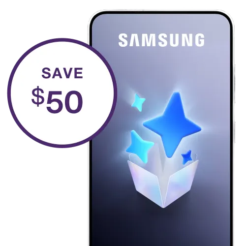 Smartphone with blue AI star graphic on screen and 'SAVE $50' promotional badge.