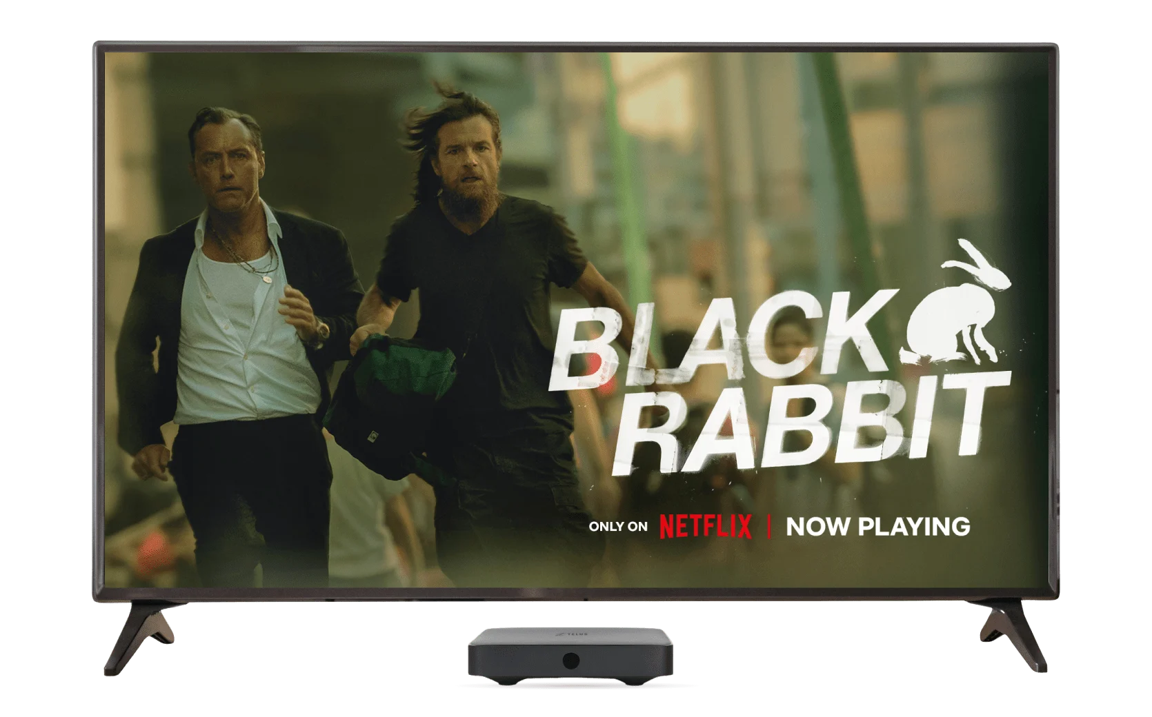 An image showing the Netflix show: Black Rabbit on a 4k TV screen with a TV Box on the foreground.