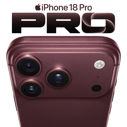 "PRO" in large text above the top and back view of the new iPhone 18 Pro in Burgundy.