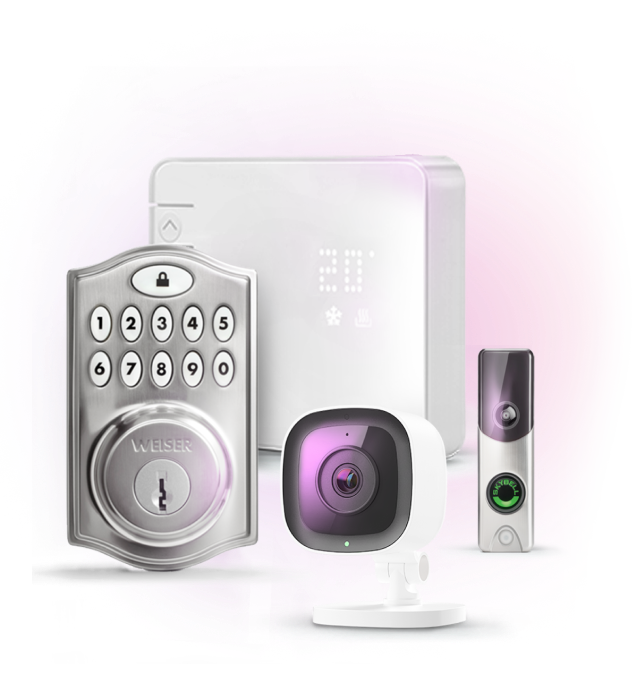 A TELUS SmartHome Security Lion is near smart home devices like Smart Locks, Smart Thermostats, Indoor Security Camera, and Slimline Doorbell Camera. 