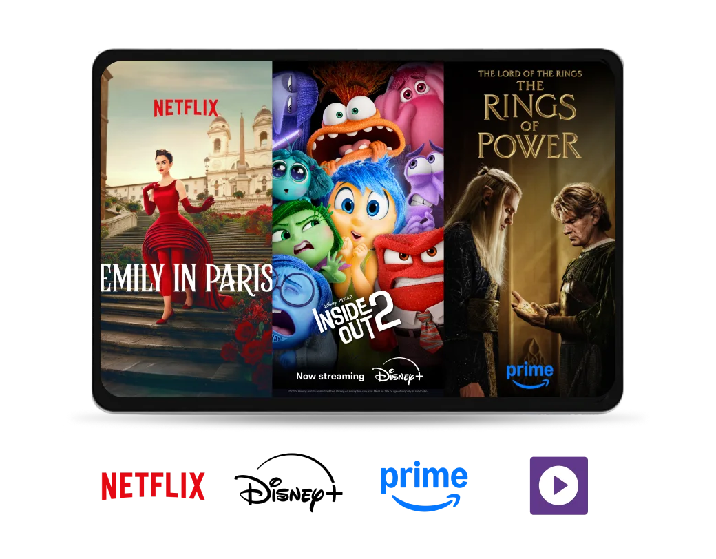 A tablet displaying three popular Stream+ series; Beverly Hills Cop Axel F on Netflix, Inside Out 2 on Disney+, The Rings of Power on Prime.