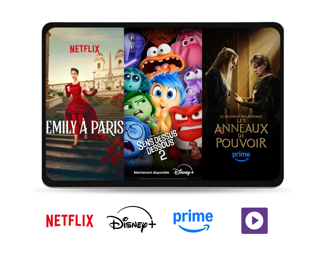 Une tablette affichant trois séries Stream+ populaires ; Le flic de Beverly Hills Axel F sur Netflix, Inside Out 2  sur Disney+, The Rings of Power sur Prime.