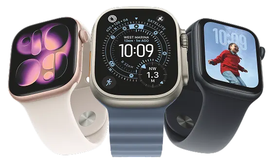 From left: Apple Watch Series 11 (Rose Gold, Starlight Sport band), Apple Watch Ultra 3 (Natural, Anchor Blue Ocean band), Apple Watch SE 3 (Midnight, Stone Gray rubber Sport band).