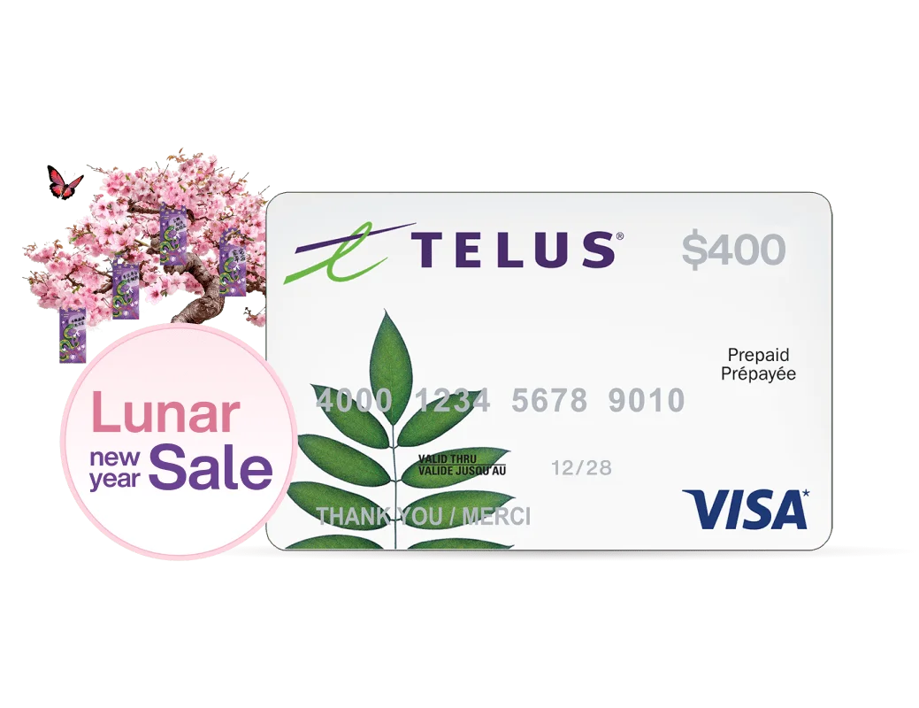 A TELUS Visa prepaid card. To the left, there is a butterfly flying toward a peach blossom tree and a roundel that reads: Lunar New Year sale.