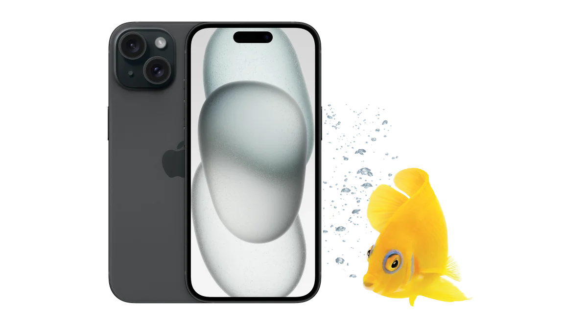 A yellow fish facing front and back of iPhone 15.