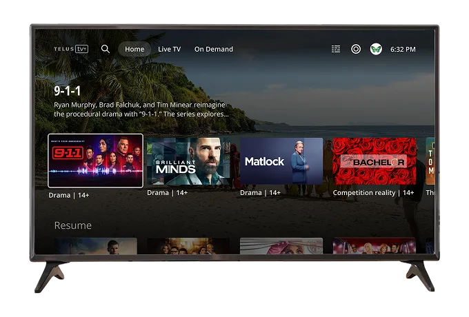 A TV displaying the TELUS TV+ app home screen.