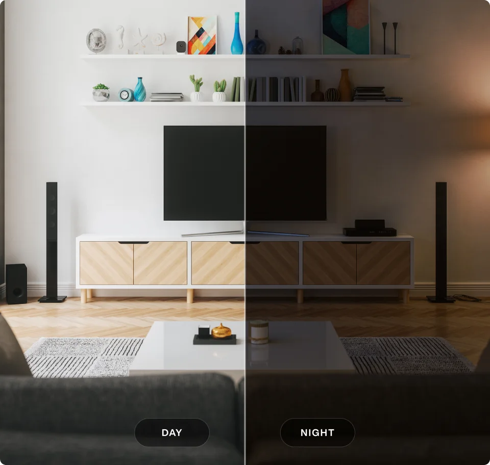 A living room is seen at day and night with the TELUS Indoor Camera. 