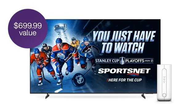 A 55” smart TV next to a TELUS PureFibre Internet modem. The TV displays the NHL Stanley Cup Playoffs. A roundel on the left reads “$699.99 value”.