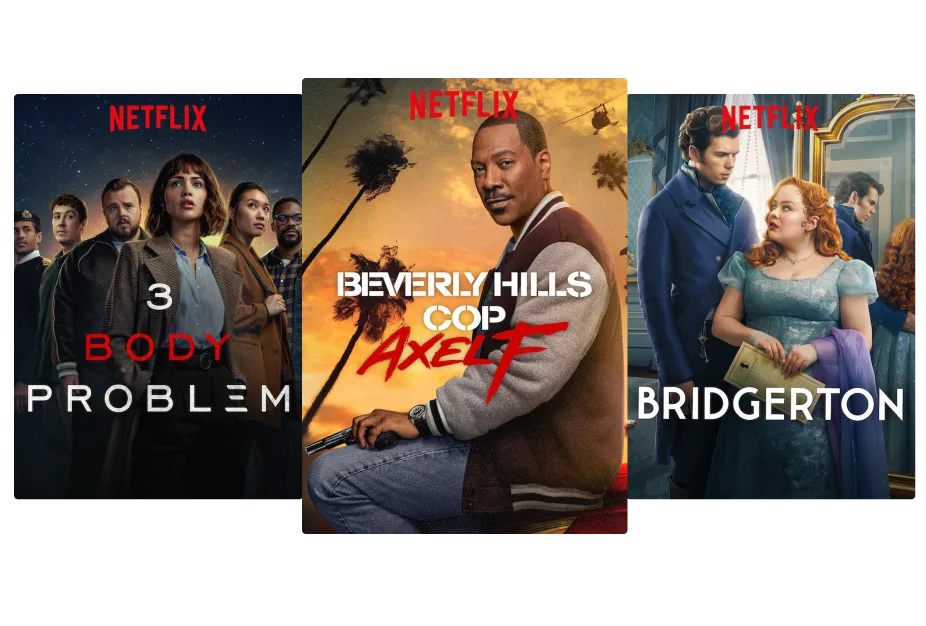 An image showing three Netflix series posters: 3 Body Problem, Beverly Hills Cop and Bridgerton.