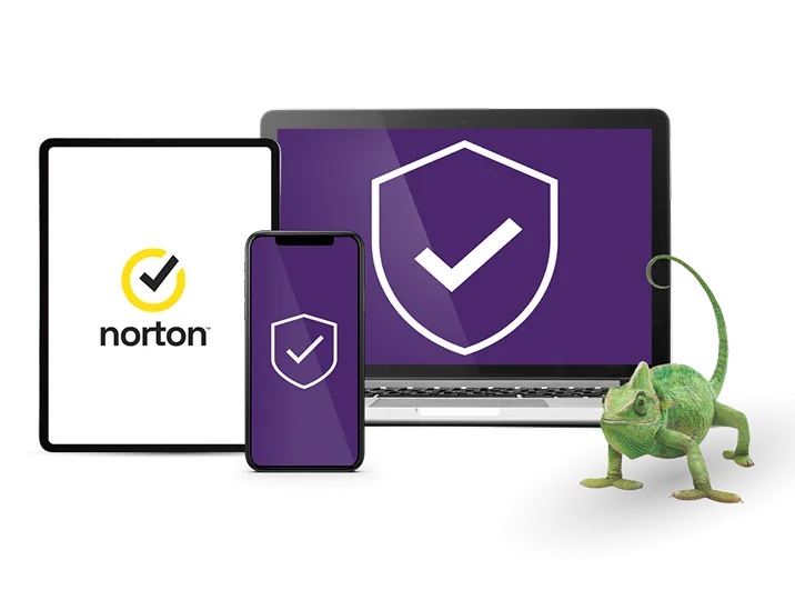 Un téléphone intelligent avec le logo Norton, un écran d'ordinateur portable avec une coche et un caméléon.