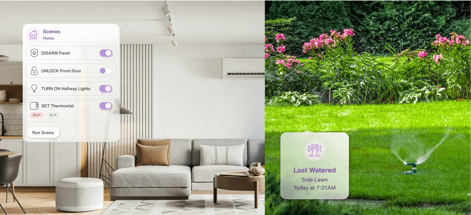 A split screen depicting a living room with an app alert and a lawn sprinkler with an app alert. 