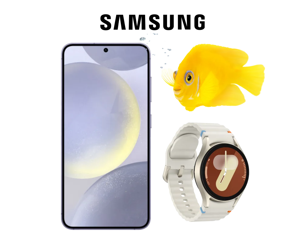 The front view of a Samsung Galaxy S24 beside the Watch7 in Cream with a vibrant yellow fish above it.