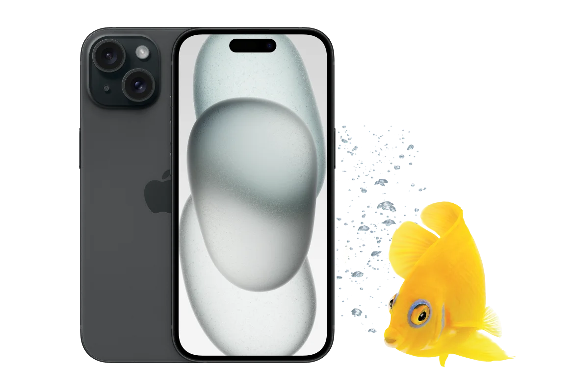 A vibrant yellow fish swims around the front and back view of the iPhone 15 in black.