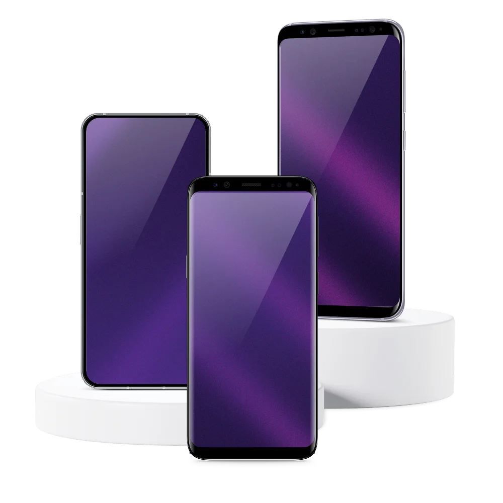 Three smartphones displayed in a group on white platforms with purple gradient backgrounds.