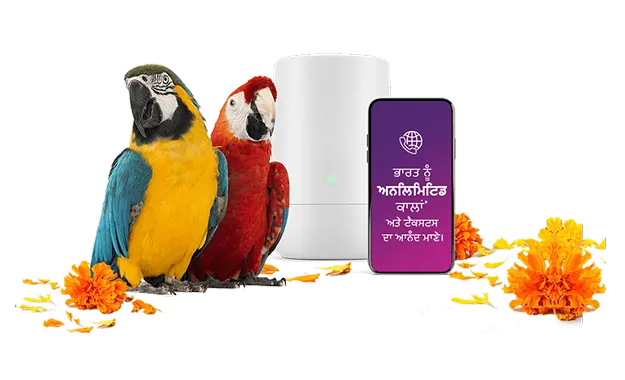 ਇੱਕ ਤਸਵੀਰ ਜਿਸ ਵਿੱਚ TELUS ਤੋਤੇ ਹਨ, ਇੰਟਰਨੈੱਟ ਹੱਬ ਅਤੇ ਇੱਕ ਮੋਬਾਈਲ ਫੋਨ ਦੇ ਨਾਲ ਜੋ "ਭਾਰਤ ਵਿੱਚ ਅਸੀਮਤ ਕਾਲਾਂ ਅਤੇ ਟੈਕਸਟ ਦਾ ਆਨੰਦ ਮਾਣੋ" ਦਰਸਾਉਂਦਾ ਹੈ।