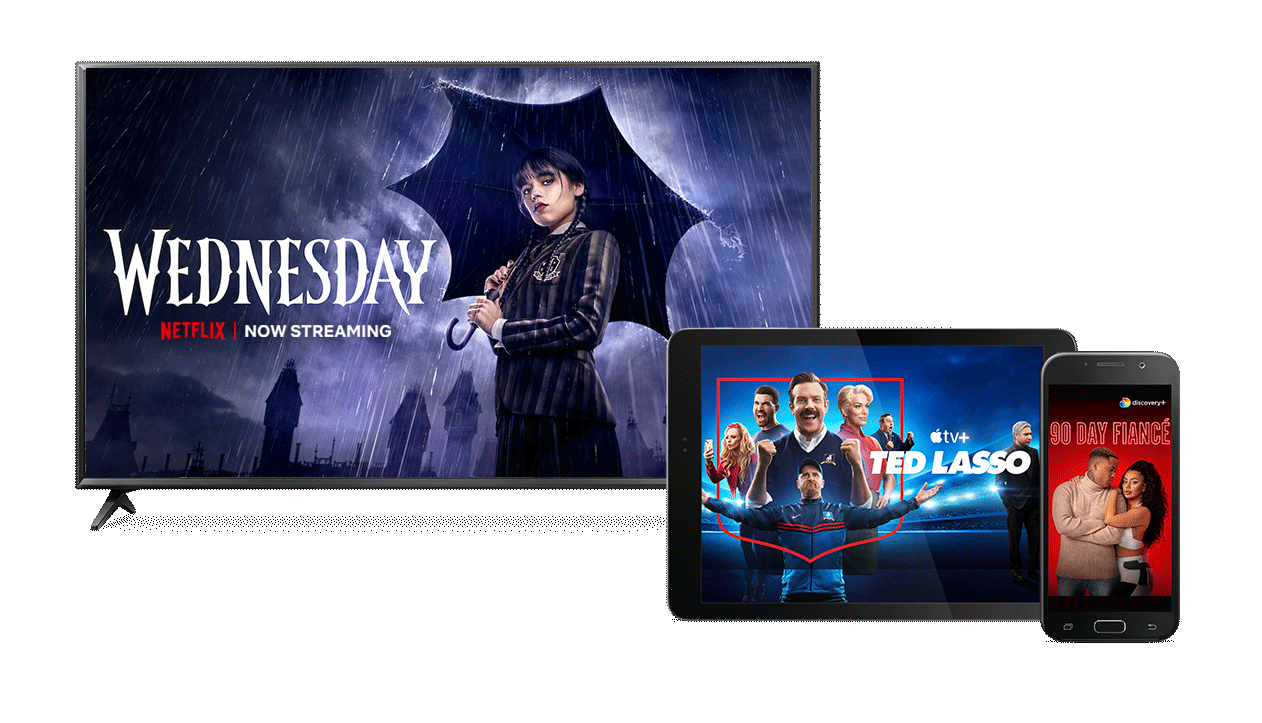 Three different device screens showing popular shows Wednesday, Ted Lasso and 90 Day Fiance on Stream+.