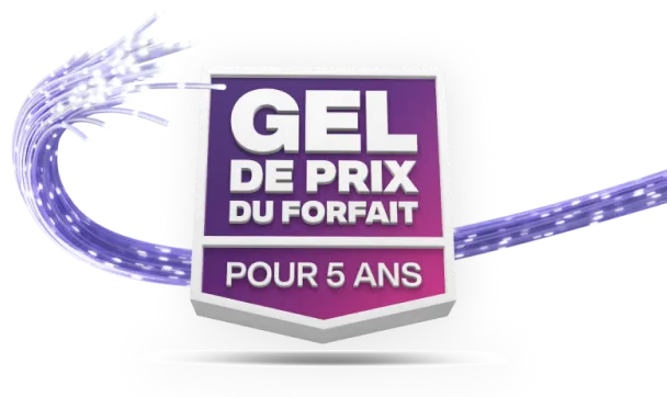 Une image présentant le logo Gel de prix du forfait pour 5 ans de TELUS dans une bannière violette et rose.