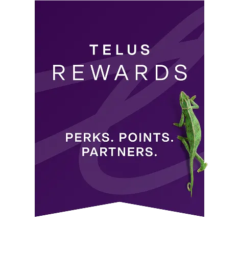 A green chameleon climbs up a purple banner that reads "TELUS Rewards. Perks. Points. Partners". 