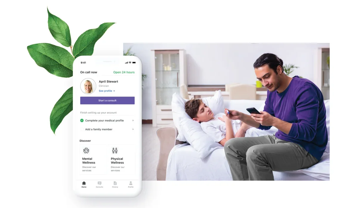 An image showing a man using his phone accessing TELUS health virtual care.