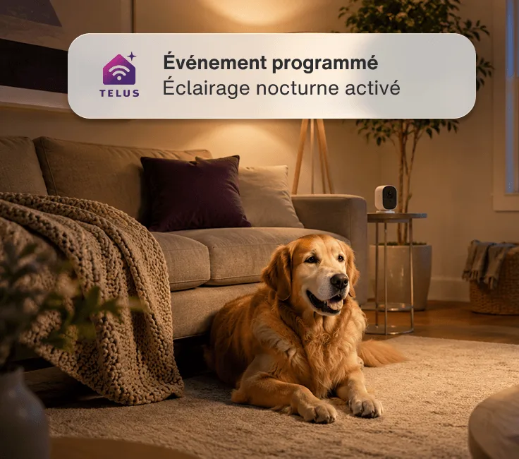 Un chien assis dans un salon la nuit, avec une lampe et un thermomètre derrière lui. Une alerte sur l'application indique : « Événement programmé - Éclairage nocturne activé ».