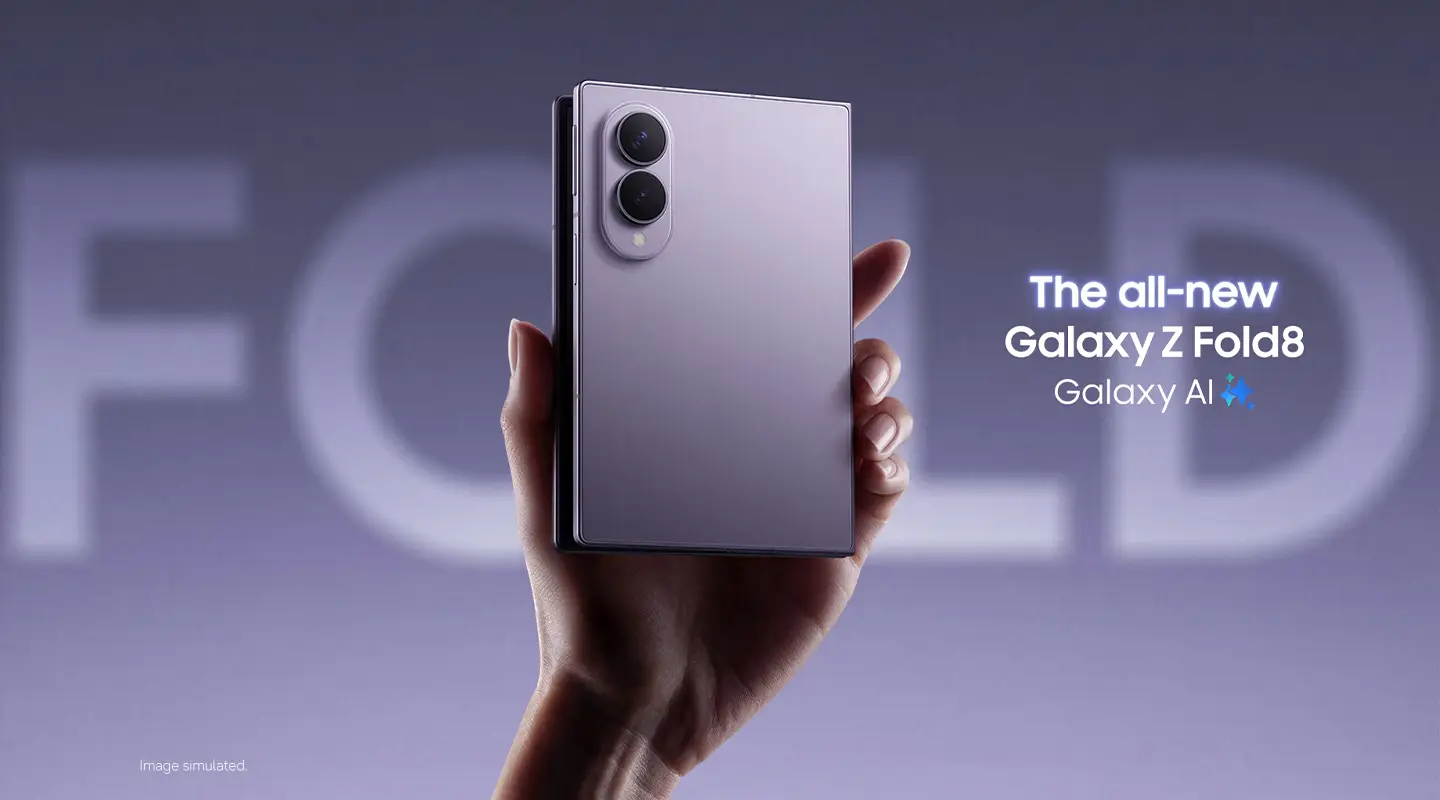 A hand holding the Samsung Galaxy Z Fold8 smartphone in Lavender, with Galaxy AI branding.