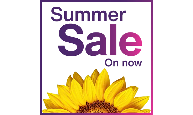 A vibrant purple and pink gradient frame surrounds the text "Summer Sale on Now!" A cheerful sunflower peeks from the bottom centre of the frame, symbolizing the sunrise and the start of summer.