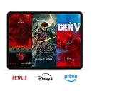 A tablet displaying the posters of Stranger Things 5, Percy Jackson and the Olympians, and Gen V.