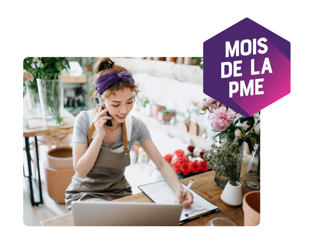 Cofondateur avec une tablette en main. Une cocarde indique « Mois de la PME ».