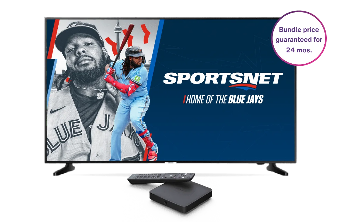 A large TV displaying the Home of the Blue Jays on TELUS TV+ app.