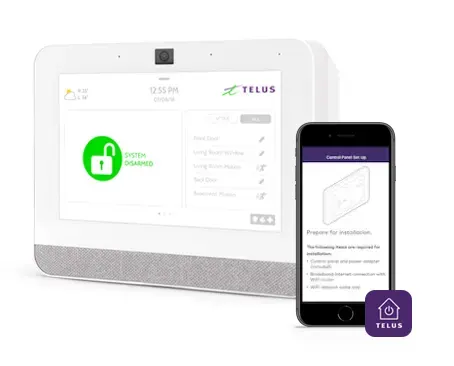 Mobile phone connected to a control panel through the TELUS SmartHome app