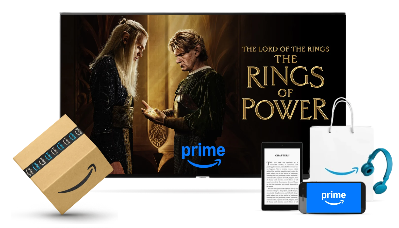 Amazon Prime, image shows amazon parcels, a Kindle e-reader, a smartphone, headphones and a television with a poster for The Rings of Power