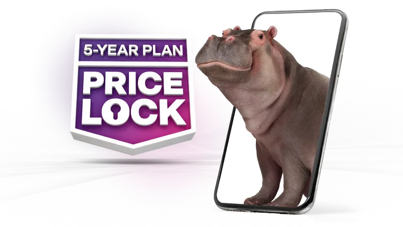 A large hippo emerging from the screen of a smartphone featuring the TELUS 5-Year Plan Price Lock badge on the left side.
