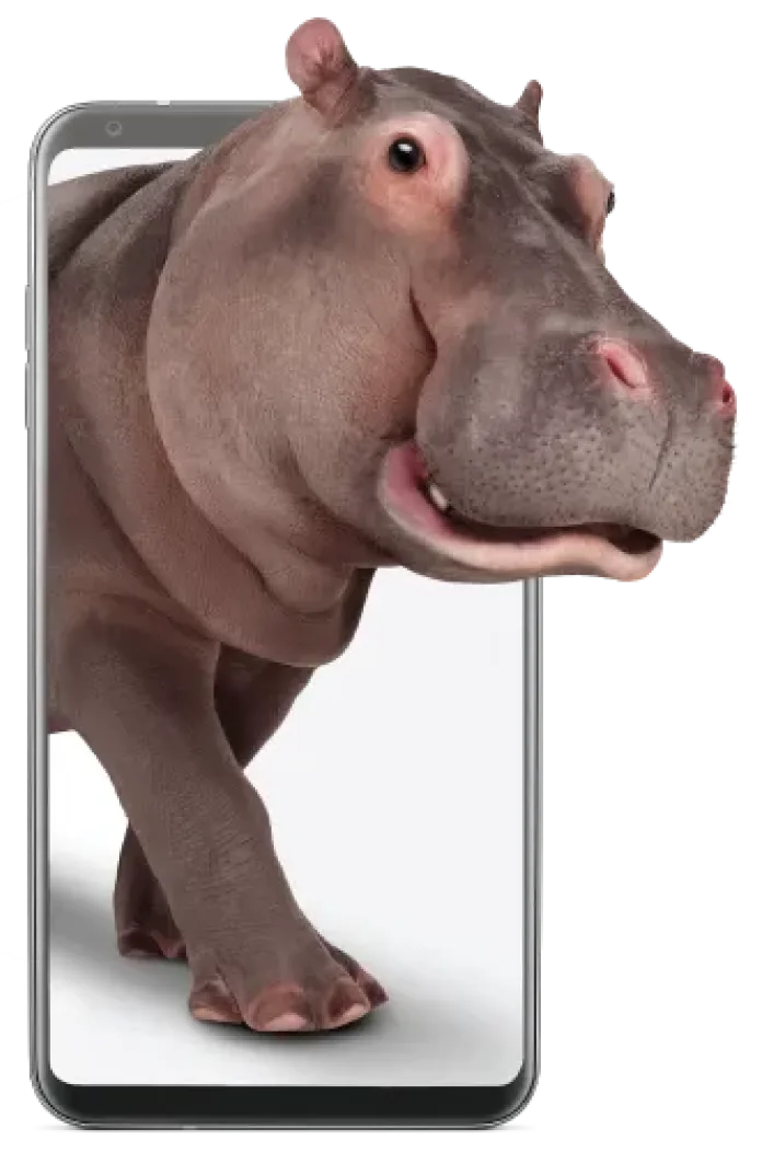 Un hippopotame sort de l’écran d’un téléphone symbolisant notre offre Protection complète d'appareils exclusive.