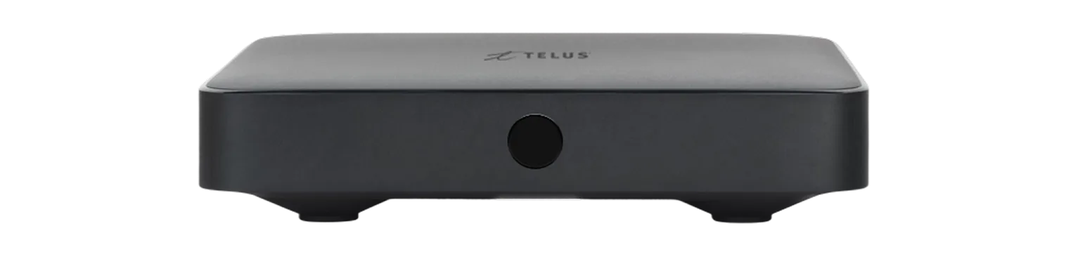 Front view of the TELUS TV Digital Box, a compact black device used for streaming and TV services.