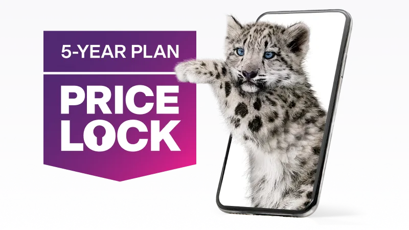 A snow leopard emerges from a smartphone. 5-Year Plan Price Lock.