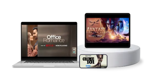 Three devices display different TV shows. A tablet screen showing AVATAR FIRE AND ASH, a laptop showing Office Romance, and a smartphone showing CRIME 101.